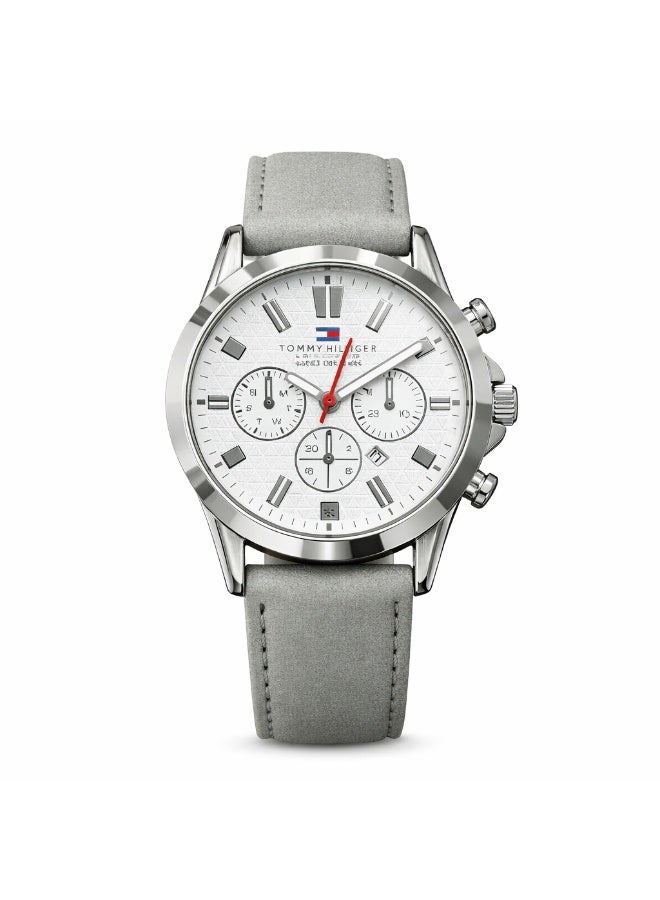 Tommy Hilfiger Men’s Chronograph Watch with White Dial & Grey Leather Strap
